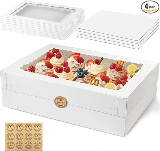 MUMULULU 4 PCS 19x14x5 Inch Cake Boxes with Cake Board White Sheet Rectangular Bakery Boxes with Window for Cookies Dessert Cupcakes Pastry Baking Pie Packaging