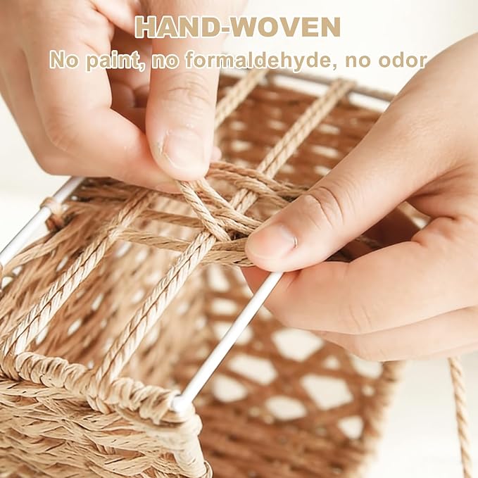 Wicker Storage Baskets 3-Pack Set, Hand-Woven Paper Rope Rattan Bins with Removable Liner, Multi-Size Organizer Baskets for Pantry, Countertop, Bedroom, Bathroom, Shelves (Beige, L+M+S)
