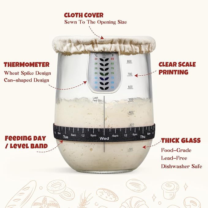 1 L (34 oz) Sourdough Starter Jar Kit, Wide Mouth Potbelly Crock - Glass Sour Dough Starter Bread Jar Set - Sourdough Baking Supplies - Sour Dough Bread Accessories Gifts for Sourdough Lovers