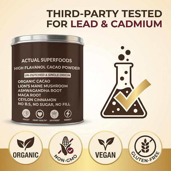 High Flavanol Cacao Powder Blend - Flavanols & Flavanoids - Organic Coffee Alternative with Lions Mane, Ashwagandha, Maca & Ceylon Cinnamon - 7.4 ounces - Morning Focus & Energy Ritual
