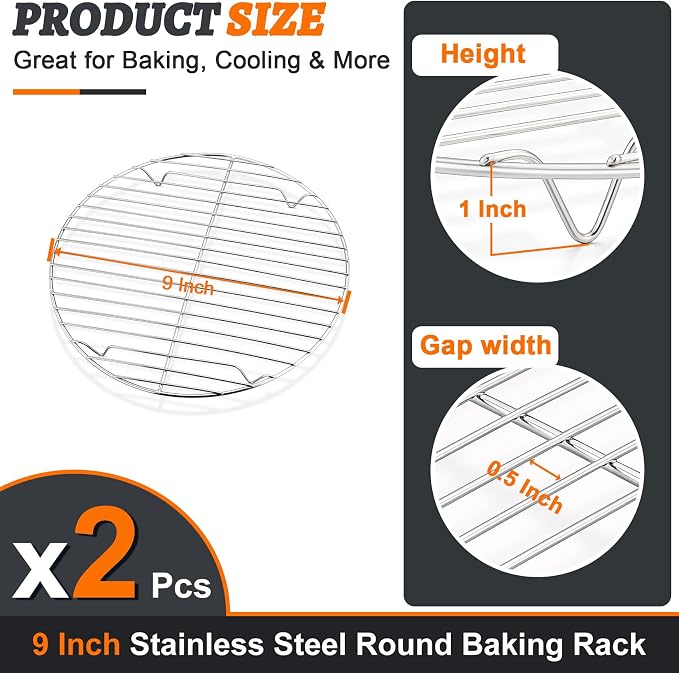 P&P CHEF 9 Inch Cooking Rack Round, Stainless Steel Round Rack for Cooking Cooling Steaming Baking, Fit Air Fryer Pot Pressure Cooker, 2 Pack -Oven Safe, Silver