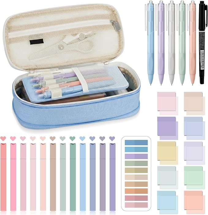 Jutom 39 Pcs Aesthetic Book Annotation Kit Highlighter with Case Bag Gel Pen Transparent Sticky Note Taking Bible Supplies(Light Blue,Cute Style)