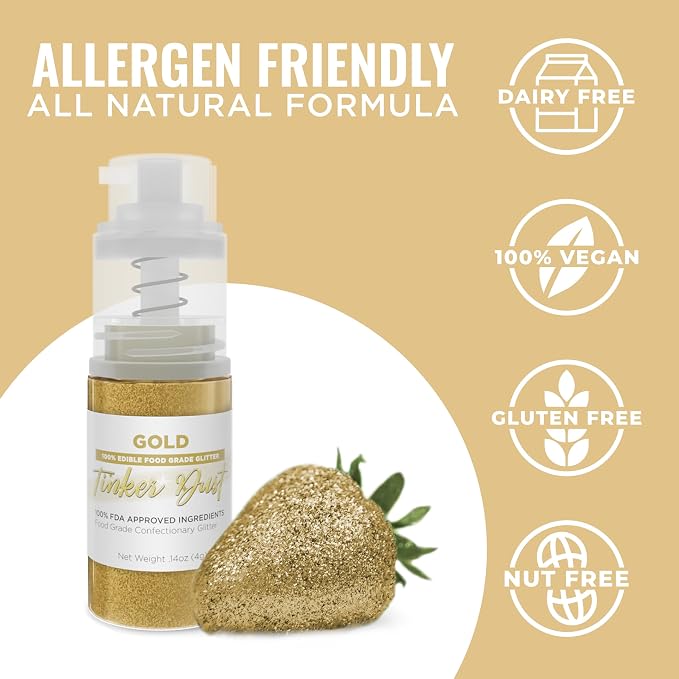 Bakell - Gold Tinker Dust (4g, 1x Mini Spray Pump) Edible Glitter for Food, Desserts, and Baked goods!