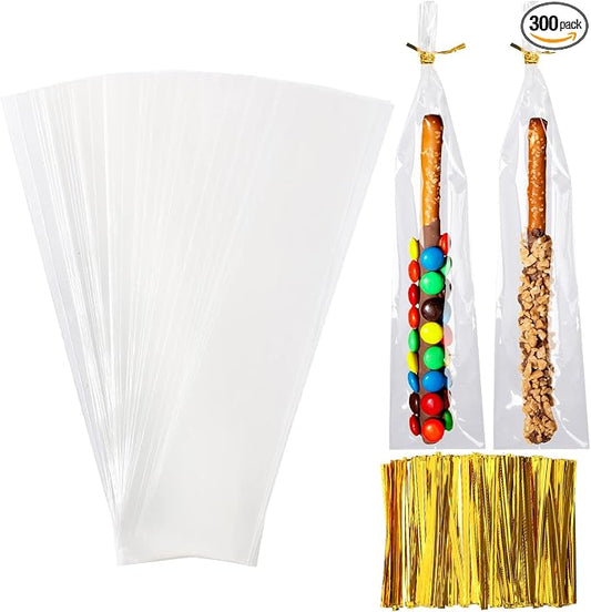 Augshy Pretzel Rod Bags,300 Pcs 2x10 Clear Treat Bag with Sea for Packaging | Individual,Plastic Bag with 300 Twist Ties,Self Adhesive Resealable for Lollipop Candy Chocolate Cookie Wrapping Buffet