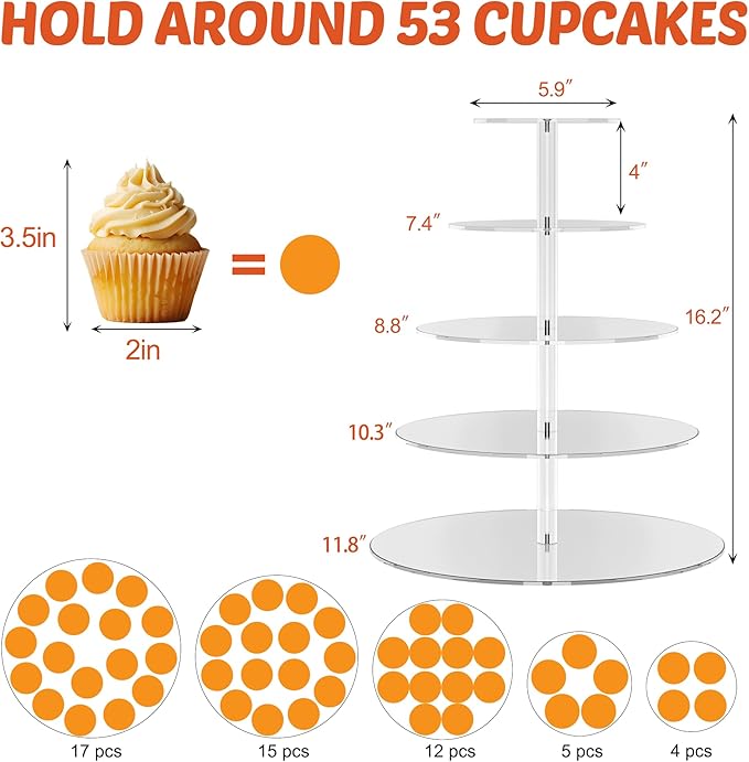 weddingwish 5 Tier Round Cupcake Stand for 50 Cupcakes, Acrylic Cupcake Display Stand, Clear Cupcake Tier Stand, Cupcake Holder Stand