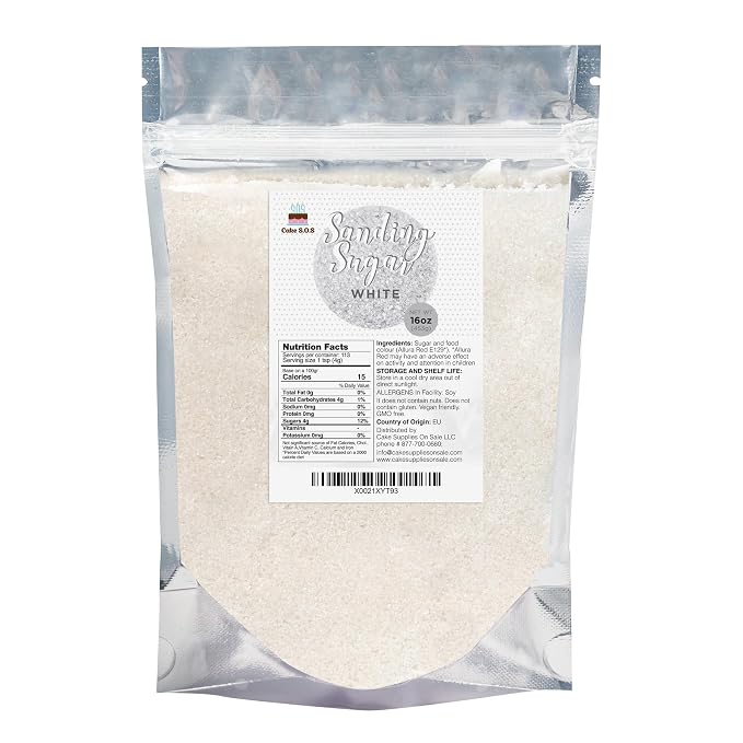 White Sanding Sugar Sprinkles for Baking, 16 oz - 453g. Edible Sparkling Sugar Crystals for Cakes, Cupcakes, Cookies, Ice Cream & Desserts, Decorative Sugar for Holiday and Party Treats