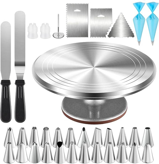 Cake Decorating Kit 35 Pieces - 24 Piping Tips Set with 12 Inch Turntable, Reusable Pastry Bag, Icing Spatula, Scraper, Couplers - Baking Tools for Beginners, Professional Cake Decorating Supplies