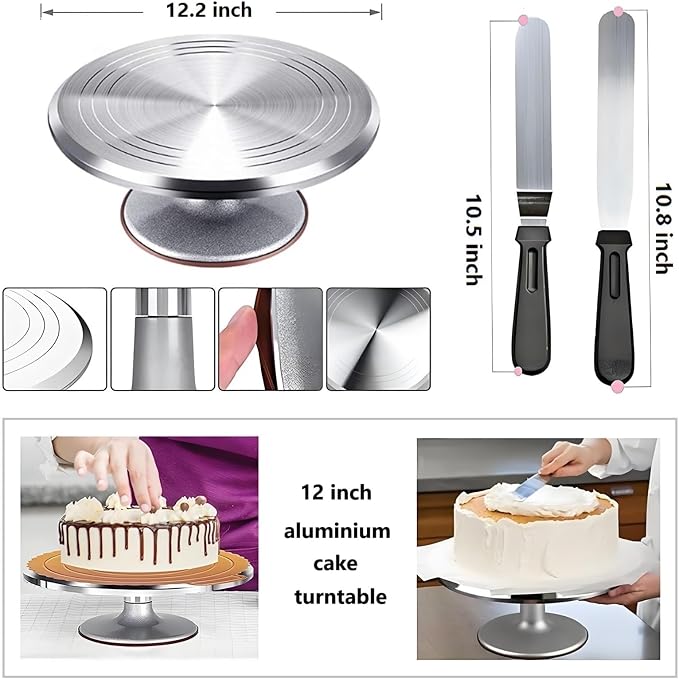 Cake Decorating Kit, 198 Pcs Baking Supplies | Aluminium Cake Turntable, Leveler, 24 Numbered Icing Tips, 2 Spatulas, 3 Scrapers, 50 Pastry Bags, 50 Cupcake Liners & More