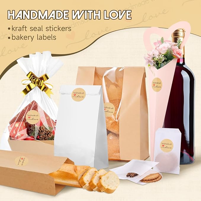 500PCS Handmade with Love Stickers, Kraft Made with Love Tags 1 Inch(25mm) Seal Labels Self-Adhesive for Baked Packaging Envelope Homemade Gift Small Business