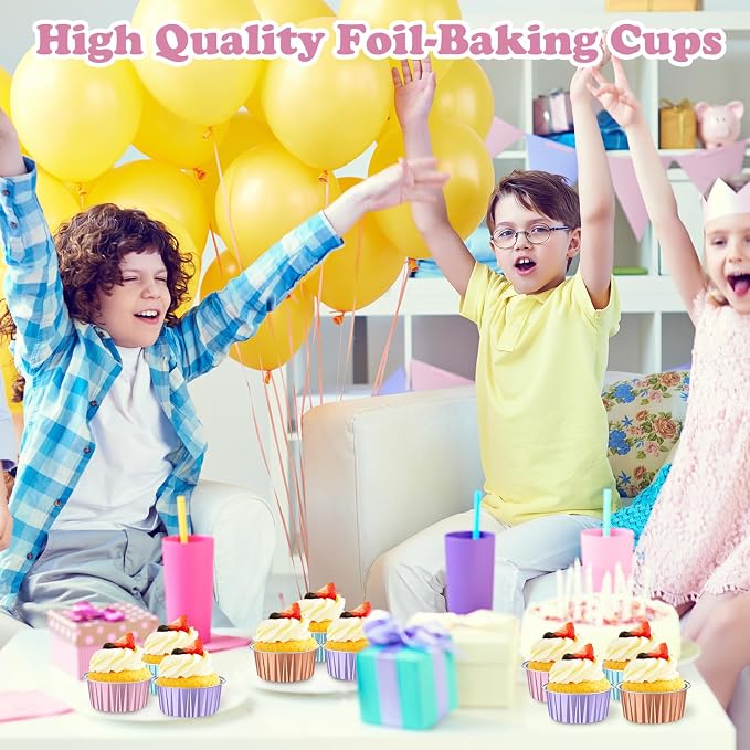 200 Pack Aluminum Foil Cupcake Liners with Lids, 5 oz Round Baking Cup, Disposable Ramekin Container for Graduation Wedding Independence Day Party(Champagne, Pink, Light Purple, Blue,Plain)