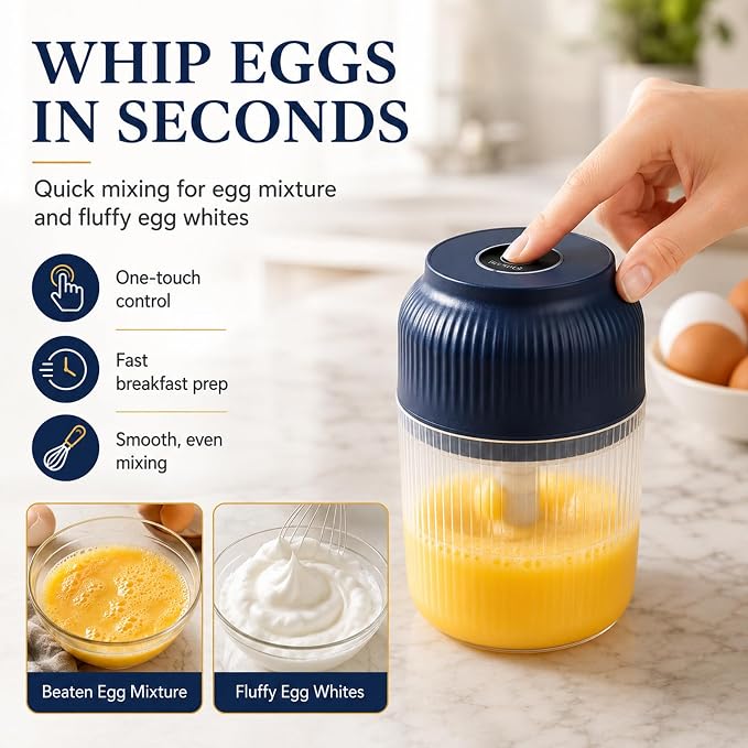 Electric Garlic Chopper, Mini Cordless Food Processor with 6 Stainless Steel Blades, USB Rechargeable Vegetable Mincer for Garlic, Onion, Ginger, Chili, Nuts, Meat & Meal Prep，Blue：3Blades