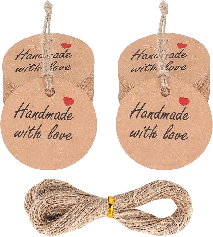100Pcs Handmade with Love Tags Paper Hanging Tags with String 1.2” Round Brown Gift Labels with 66 ft String Personalized Handmade Tags for Crafts Candle Tins Wedding Birthday Party Favors
