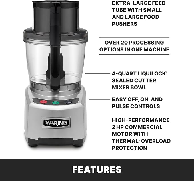 Waring Commercial Food Processor, 4-Quart Capacity, 2 Horsepower Motor, Large Capacity Vegetable Chopper for Professional Kitchens, WFP16S