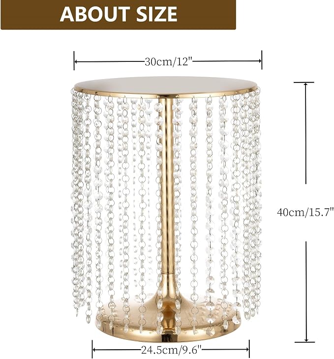 Wedding Cake Stand for Dessert Table 12 Inch Gold Crystal Pendants Metal Cake Stand Serves as A Round Dessert Cupcake Display Plate 16 Inch Tall (Gold)