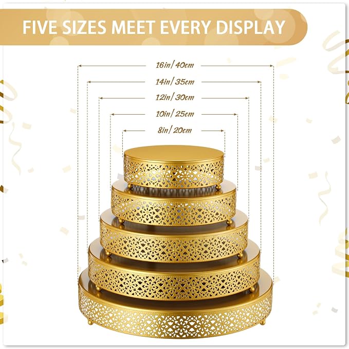 Wenqik 5 Pcs Metal Gold Cake Stand 16/14/12/10/8 Inch Round Cake Holder Display for Dessert Table Cookies Fruit Serving Tray Cupcake Pastry Riser for Wedding Birthday Party and Events