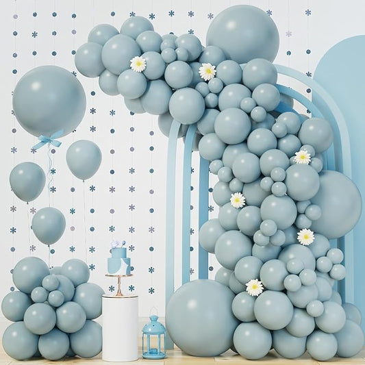 140Pcs Dusty Baby Blue Balloon Arch Garland Kit,Slate Fog Baby Blue 5/10/12/18 Inch Balloons for Men Boy Baby Shower Bridal Shower Birthday Party Decorations
