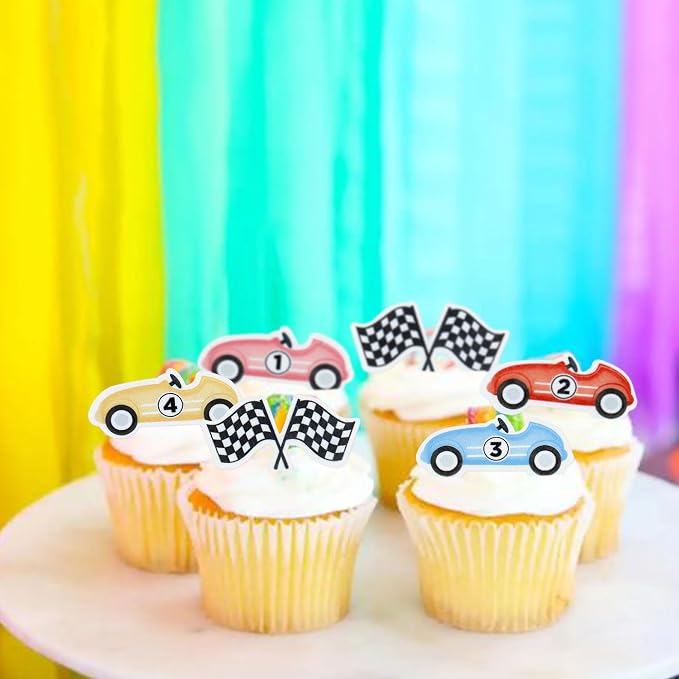Ercadio 48Pcs Edible Cute Race Car Cupcake Toppers Cherkered Flags Race Cars Cupcake Picks Racing Car Birthday Cake Toppers Baby Shower Funny Birthday Party Decoration Supplies