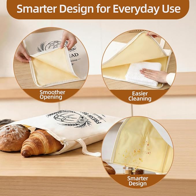 Beeswax Linen Bread Bags with L-Shaped Wide Zipper, 2 Pack XL | Reusable bread bags. Preserve freshness and texture of sourdough and artisan loaves. Ideal for daily homemade bread storage.