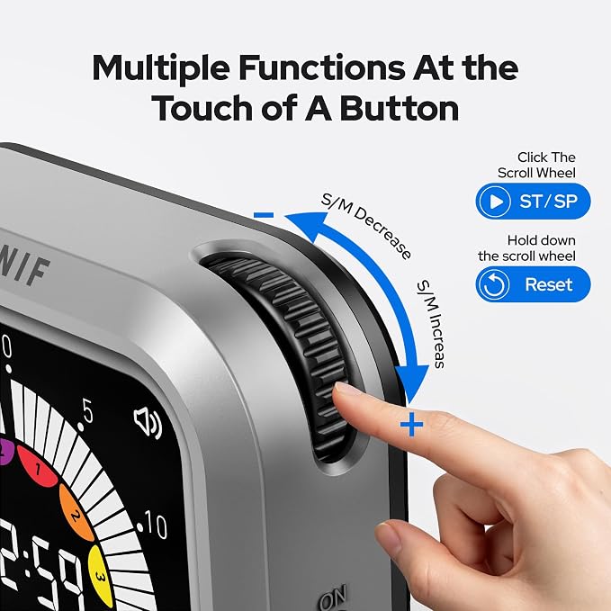 Visual Timer for Kids with Color Display Kitchen Timer 1500mAh Battery | Memory Function Scroll Wheel Control, Magnetic Back with Stand, Up to 12h59m Countdown, Kitchen, Study & Classroom