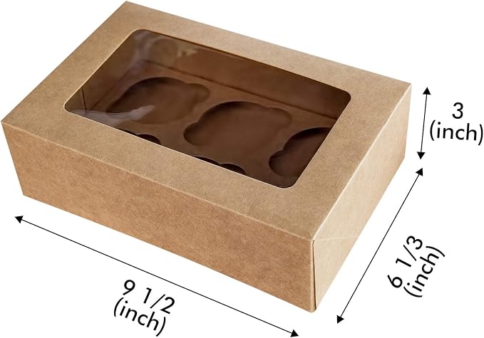 ONE MORE Cupcake Boxes with Inserts 6 Holders,9.5x6.3x3inch Large Brown Kraft Standard Bakery Boxes with Window Food Grade Cake Carrier Container for Muffins Gift Treat Box Bulk,Pack of 15