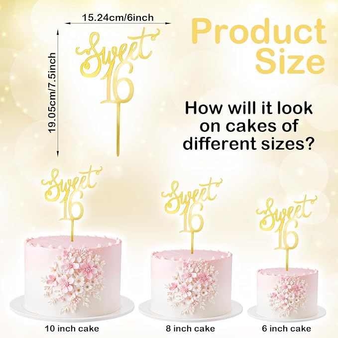 Ouligay Acrylic Sweet 16 Cake Topper Happy 16th Birthday Cake Topper Cheer to 16th Birthday Party Cake Decoration Gold