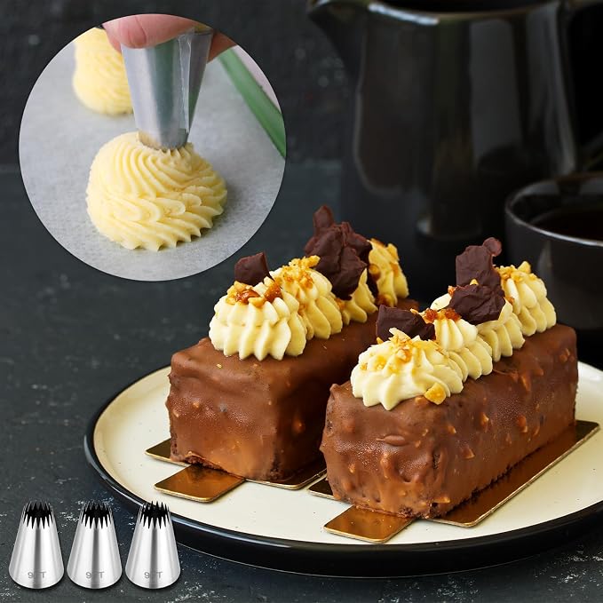 Kasmoire 3Pcs Churro Piping Bags and Tips Set,Stainless Steel 9FT Icing Tips Set with 10Pcs Disposable Piping Bags,Open Star Pastry Tips for Cake Decorating