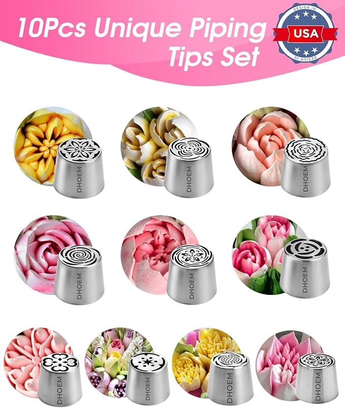 64 Pcs Stainless Steel Russian Piping Tip Set, 10 Flower Nozzles Baking for Flower Decorations: Roses, Tulips, Marshmallow Buttercream Bouquets, Cake Decorating Supplies for Wedding