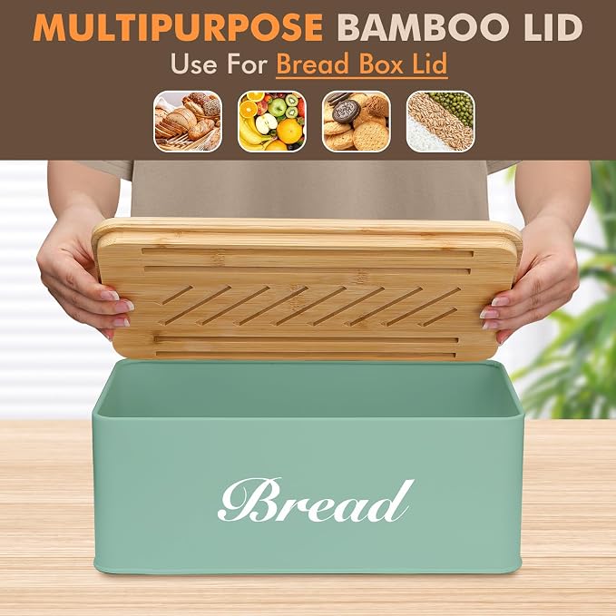 RYTOXILO Bread Slicer with Bread Box, Green Bread Storage Container for Kitchen Countertop with Multifunction Bamboo Lid, 3 in 1 Breadbox for Loaf Slicing & Tray, Bread Holder for Kitchen Counter