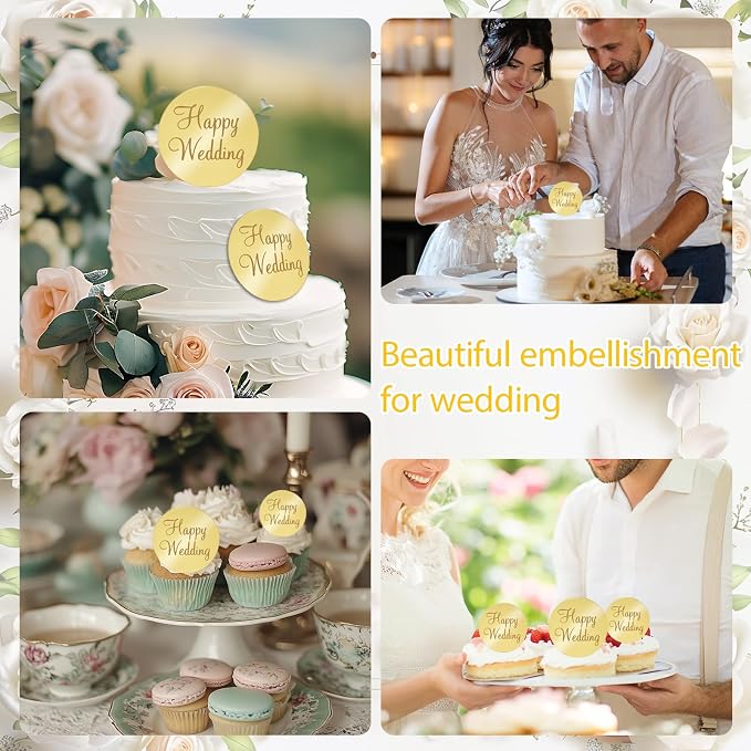 20Pcs Gold Acrylic Wedding Cupcake Toppers Mirror Happy Wedding Cake Toppers for Engagement Party Cake Decorations Round Tags Reusable Acrylic Decorations Flower Decor for Cakes Gift Boxes DIY Crafts