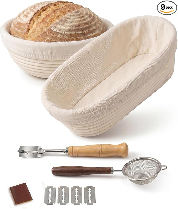Banneton Sourdough Bread Proofing Basket Handmade 9 in Round&10 in Oval Set | 9PCS Natural Rattan Sourdough Proofing Basket, Baking Bowls with Liners&Scoring Lame&Mesh Strainer, Baking Fermentation Tools