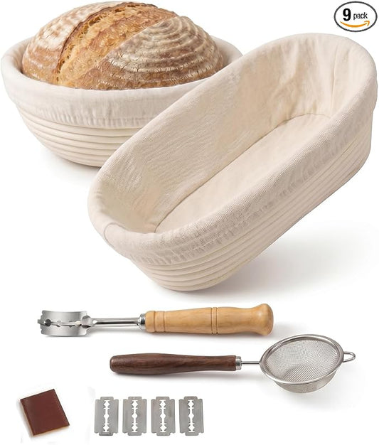 Banneton Sourdough Bread Proofing Basket Handmade 9 in Round&10 in Oval Set | 9PCS Natural Rattan Sourdough Proofing Basket, Baking Bowls with Liners&Scoring Lame&Mesh Strainer, Baking Fermentation Tools