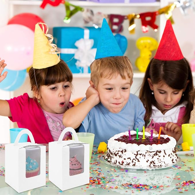 Cupcake Boxes, 30 Pcs Single Cupcake Boxes Individual Cupcake Containers Muffins Cupcake Carriers Holder Kraft Pastry Containers with Insert Window & Handle for Wedding Birthday Parties (White)