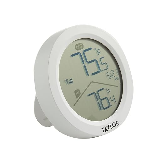 Taylor Digital Wireless Round Indoor Comfort Level Thermometer and Clock, Wireless Remote Sensor, Easy-to-Read Display for Home, Office, Greenhouse, Nursery, and Indoor Areas, LCD, White