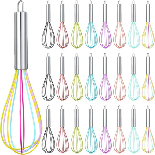 Domensi 24 Pcs 8 Inch Whisks Bulk for Cooking Silicone Whisks Non Scratch Stainless Steel Egg Beater Colorful Coated Metal Heat Resistant Egg Beaters for Valentines Day Party Favor Gift Supplies