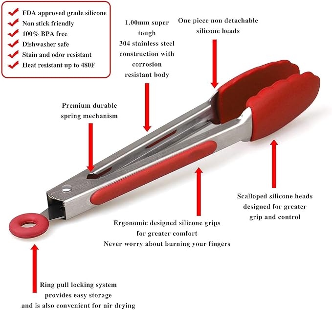Set of 3 (7, 9, 12 inches) Kitchen Tongs for Cooking - Heavy Duty & Non-Stick with Stainless Steel - Kitchen Tongs with Silicone Tips - Heat Resistant Long Food Tongs for Grilling BBQ - Red
