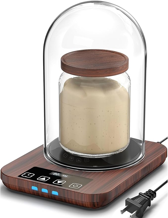 Sourdough Starter Warmer with Glass Dome, Warming Heating Pad Mat for Sour Dough Starter, Sourdough Heater Proofing Tool for Jars 24oz 34oz 40oz (Wood Grain)