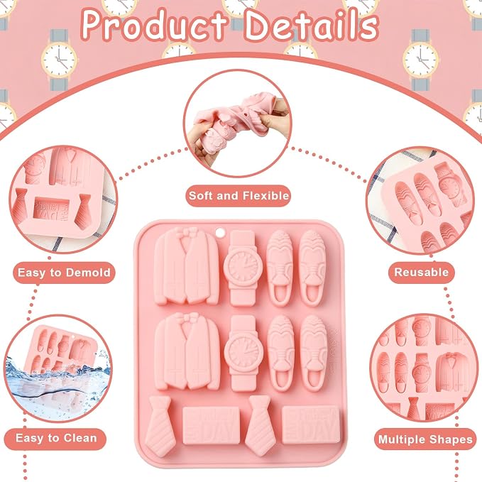 Ipotkitt 2pcs Pink Father's Day Themed Silicone Candy Molds Father Dad Love Suit Watch Gummy Molds for Jelly Fondant Chocolate Candy Mousse Ice Cake DIY Crafts
