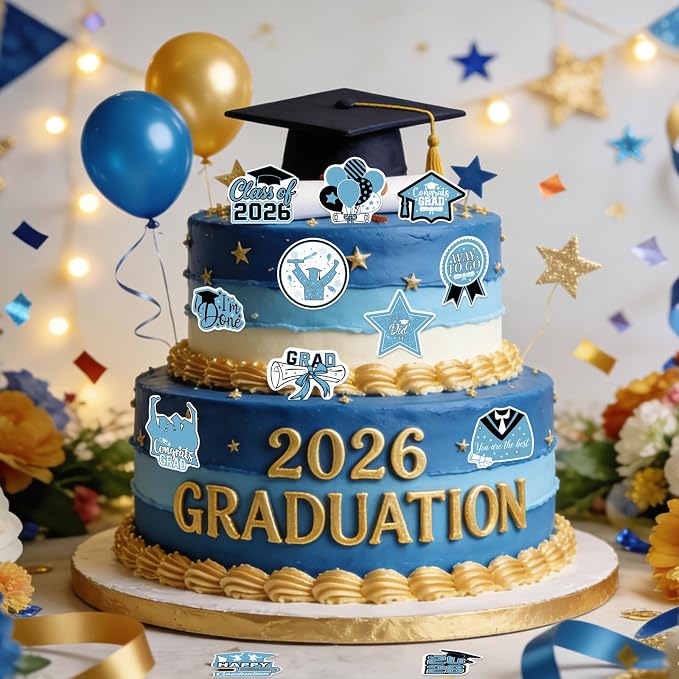 48pcs Edible 2026 Graduation Cupcake Toppers Wafer Paper Light Blue Class of 2026 Cake Decorations Edible Congrats Grad Cupcake Picks for 2026 Graduation Theme Party Cake Supplies