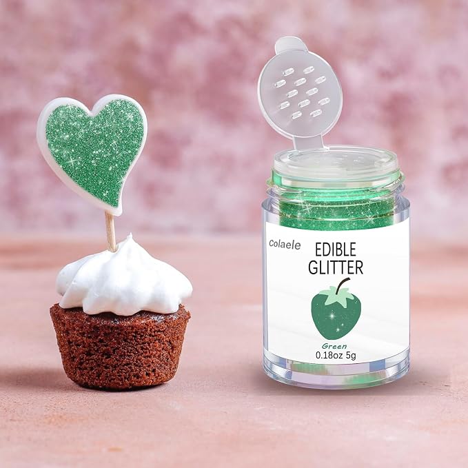Green Edible Glitter Glimmer Powder for Cakes Drinks - Colaele 5 grams Food Grade Luster Dust Metallic Food Decorating Sprinkle Disco Brew Dust for St. Patrick Decorations Wine Beverage Dessert, Vegan