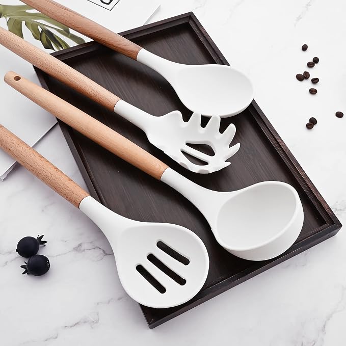 1pc White Silicone Slotted Spoon with Wooden Handle, Heat Resistant Cooking Utensils, Mixing Spoon, Cooking Backing Spoons Set for Stirring, Mixing and Serving