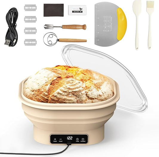 Heating Sourdough Banneton Bread Proofing Basket Kit with Timer & 6 Temp Settings, 2L Foldable Silicone Dough Proofing Box Electric Sourdough Starter Warmer Set for Dough Rising, Baking Supplies