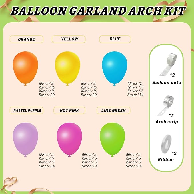 412pcs Summer Tropical Balloon Arch Garland Kit, Different Sizes 18 12 10 5inch Rainbow Hot Pink Green Orange Blue Purple Balloons for Hawaiian Luau Aloha Baby Shower Birthday Party Decorations