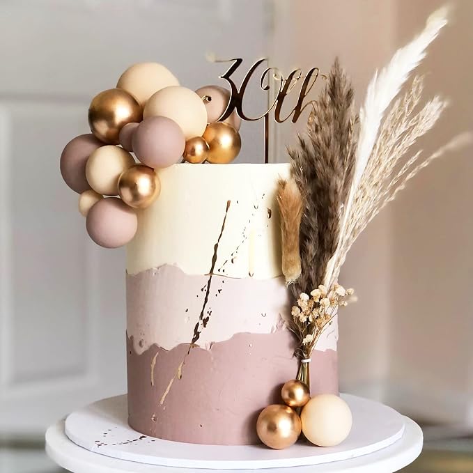 32 PCS Colorful Ball Shaped Cake Topper Pearl Balls Cupcake Cake Insert Topper for Birthday Party Wedding Decoration Supplies (Apricot Gold Light Brown)