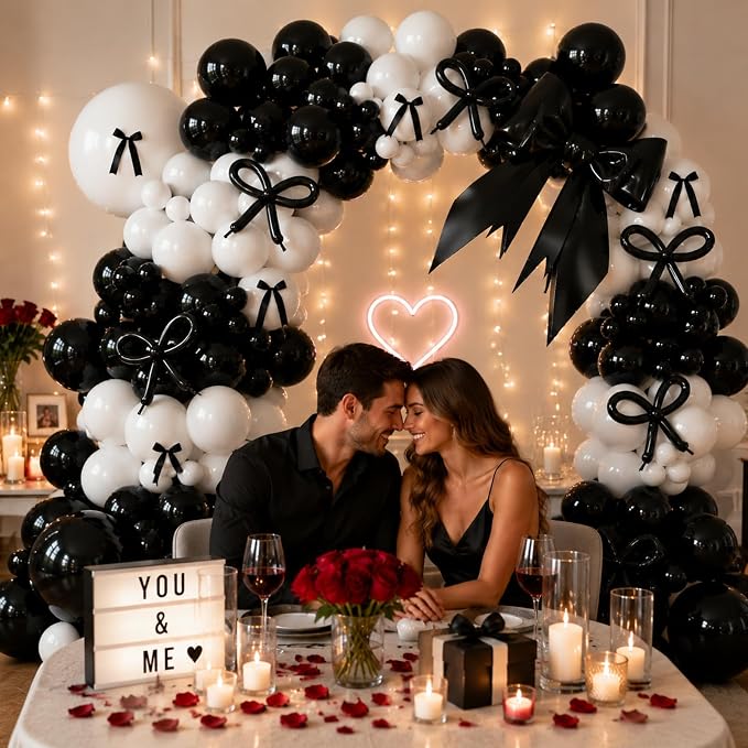 Black White Bow Balloon Garland Arch Kit, 149Pcs Coquette Bow Birthday Decorations for Engagement Wedding Bridal Shower Bachelorette Prom Party Decorations with Pre-Tied Bows and Long Balloons
