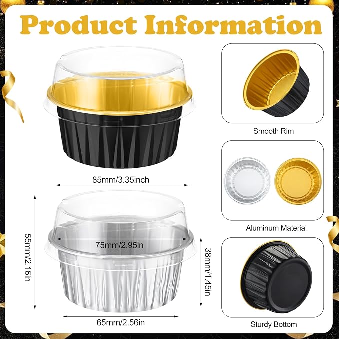 200 Pack Aluminum Foil Cupcake Liners with Lids, 5 oz Round Baking Cup, Disposable Ramekin Container for Graduation Wedding Independence Day Party(Black and Silver,Plain)