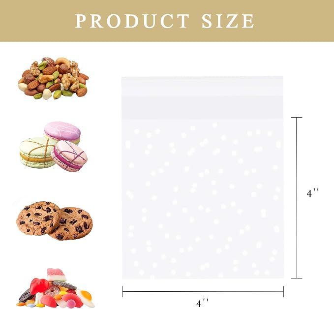 Morepack Self Sealing Cellophane Bags,200 Pcs Clear Cookie Bags Resealable Cellophane Bag for Packaging Bakery,Favors, (4"x4", No Stickers, Bows)