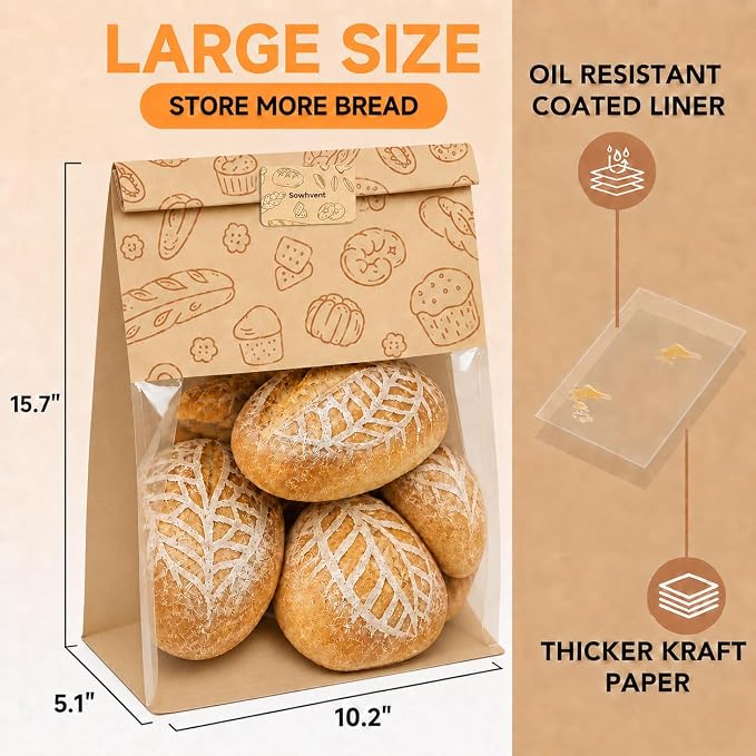 Extra Large Bread Bags for Homemade, 50 Count, 50% Thicker Sourdough Paper With Ties, 15.7 * 10.2 * 5.1 in, Tin Tie Tab Lock Bakery Bags With Window and Sealing Stickers for Storage Packaging Gifting