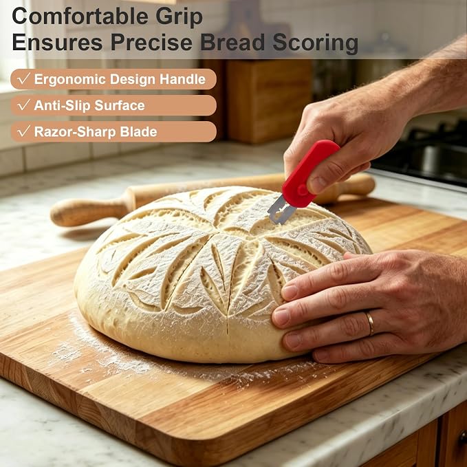 Herda Sourdough Scoring Tool with 5 Bread Lame Blades, Retractable & Magnetic Design, Professional Bread Baking Scorer for Sourdough Bread, Baguette, Rye Bread (Red