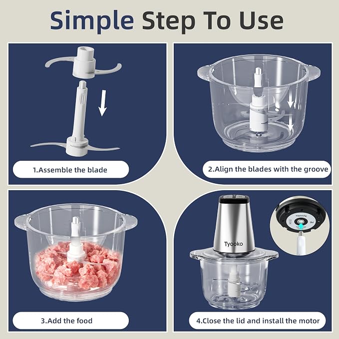 Electric Food Processor Vegetable Chopper, Easy Clean Meat Grinder with 2 Bowls (8 Cup Stainless Steel+8 Cup Glass), Small Food Mixer for Fruits/Meat/Nuts/Fish/Veggie/Pet Food/Baby Food