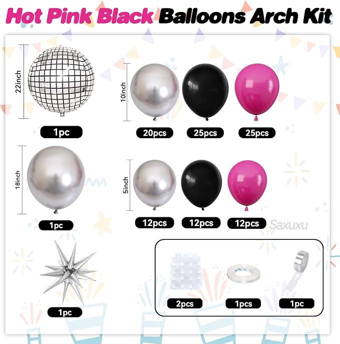 Disco Balloon Arch Kit, Hot Pink Black Balloons Garland Arch Kit, Star Foil and Disco Foil Balloons, Hot Pink Silver Black Balloon For Birthday 8090 Theme Party Wedding Bridal Shower Anniversary